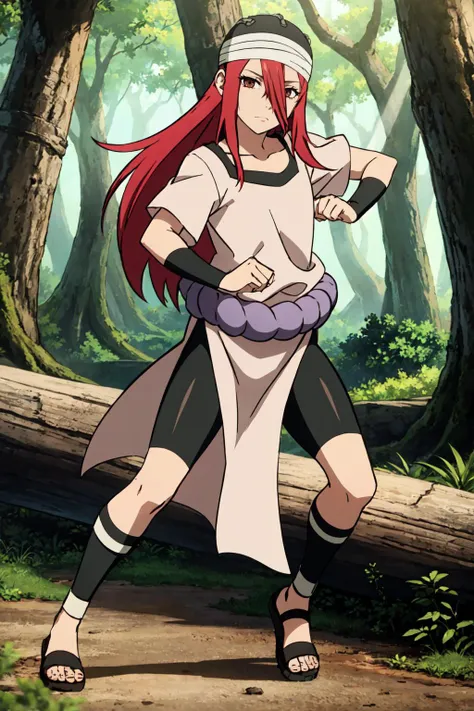 pelvic curtain, wristband, solo, long hair, red hair, brown eyes, 1girl, hat, short sleeves, looking at viewer, shimenawa, collarbone, hair between eyes, closed mouth, shirt, full body, expressionless, bike shorts, tomboy, narrowed eyes, hair between eyes, ankle wrap, toeless footwear, sandals, outdoors, forest <lora:Tayuyas:1>
