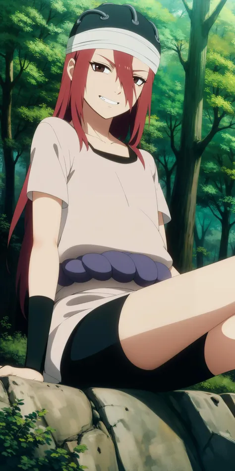 <lora:Tayuyas-000040:1> ,(pelvic curtain:1.1), wristband, solo, long hair, red hair, brown eyes, 1girl, hat, short sleeves, looking at viewer, shimenawa, collarbone, hair between eyes, shirt, very long hair,(smirk:1.1),, bike shorts, tomboy, narrowed eyes, hair between eyes, outdoors, forest, <lora:animemix_v3_offset:0.7>,sitting,legs together, ankle wrap, toeless footwear, teeth, crossed legs,