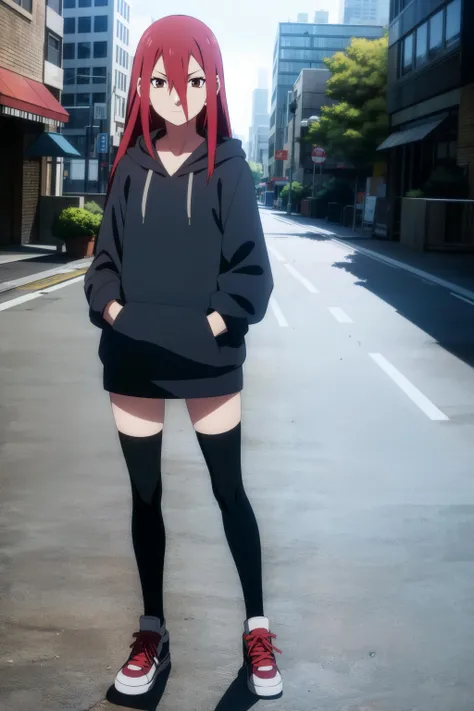 <lora:Tayuyas-000040:1> ,full body, solo, long hair, red hair, brown eyes, 1girl, long sleeves, looking at viewer, very long hair,, tomboy, narrowed eyes, hair between eyes, outdoors, city,street,, <lora:animemix_v3_offset:0.7> bored, sneakers, thighhighs, hoodie,closed mouth,