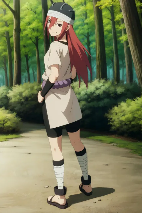 <lora:Tayuyas-000040:1> ,pelvic curtain, wristband, solo, long hair, red hair, brown eyes, 1girl, hat, short sleeves, looking at viewer, shimenawa, collarbone, hair between eyes, closed mouth, shirt, very long hair,  full body, (smirk:1.1),standing, bike shorts, tomboy, narrowed eyes, hair between eyes,ankle wrap, toeless footwear, outdoors, forest, <lora:animemix_v3_offset:0.7>,from behind, looking back, hand on hip,