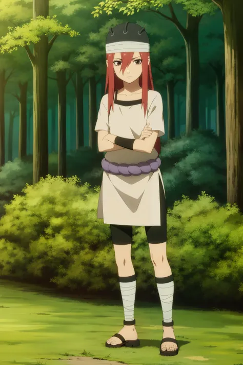 <lora:Tayuyas-000040:1> ,pelvic curtain, wristband, solo, long hair, red hair, brown eyes, 1girl, hat, short sleeves, looking at viewer, shimenawa, collarbone, hair between eyes, closed mouth, shirt, very long hair,  full body, expressionless,standing,crossed arms, bike shorts, tomboy, narrowed eyes, hair between eyes,ankle wrap, toeless footwear, sandals, outdoors, forest, <lora:animemix_v3_offset:0.7>