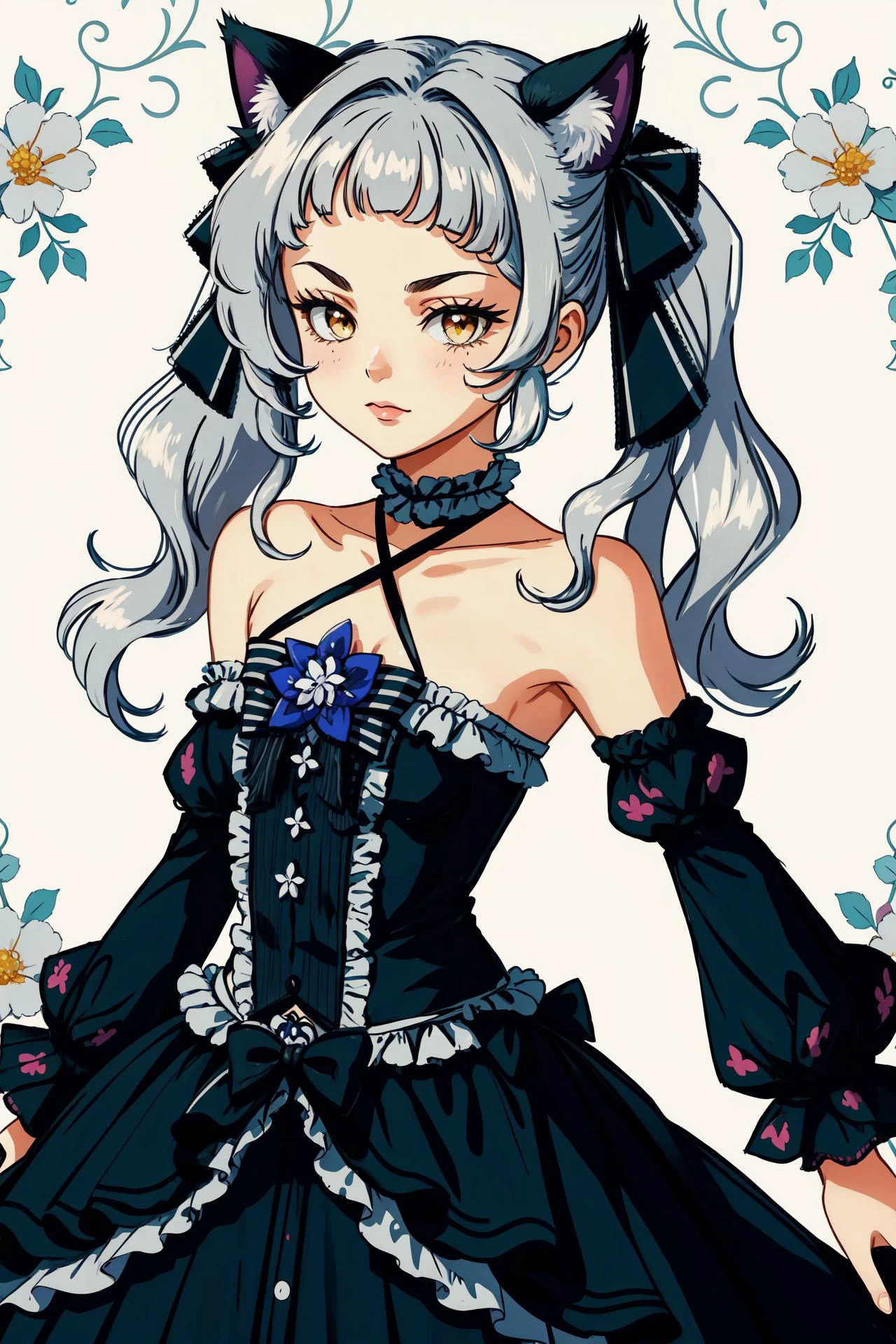 best quality, intricate details,
<lora:ShionV2D8_e6:0.8> ShionGothic, smug, twintails, animal_ear_fluff,gothic_ta,loliashion,halter dress, cat ears,cat_girl,long dress, halterneck, layered dress,frilled dress, center_frills,detached sleeves,
<lora:Retro-V1:0.8> 1990s (style), 1980s (style), retro style,,