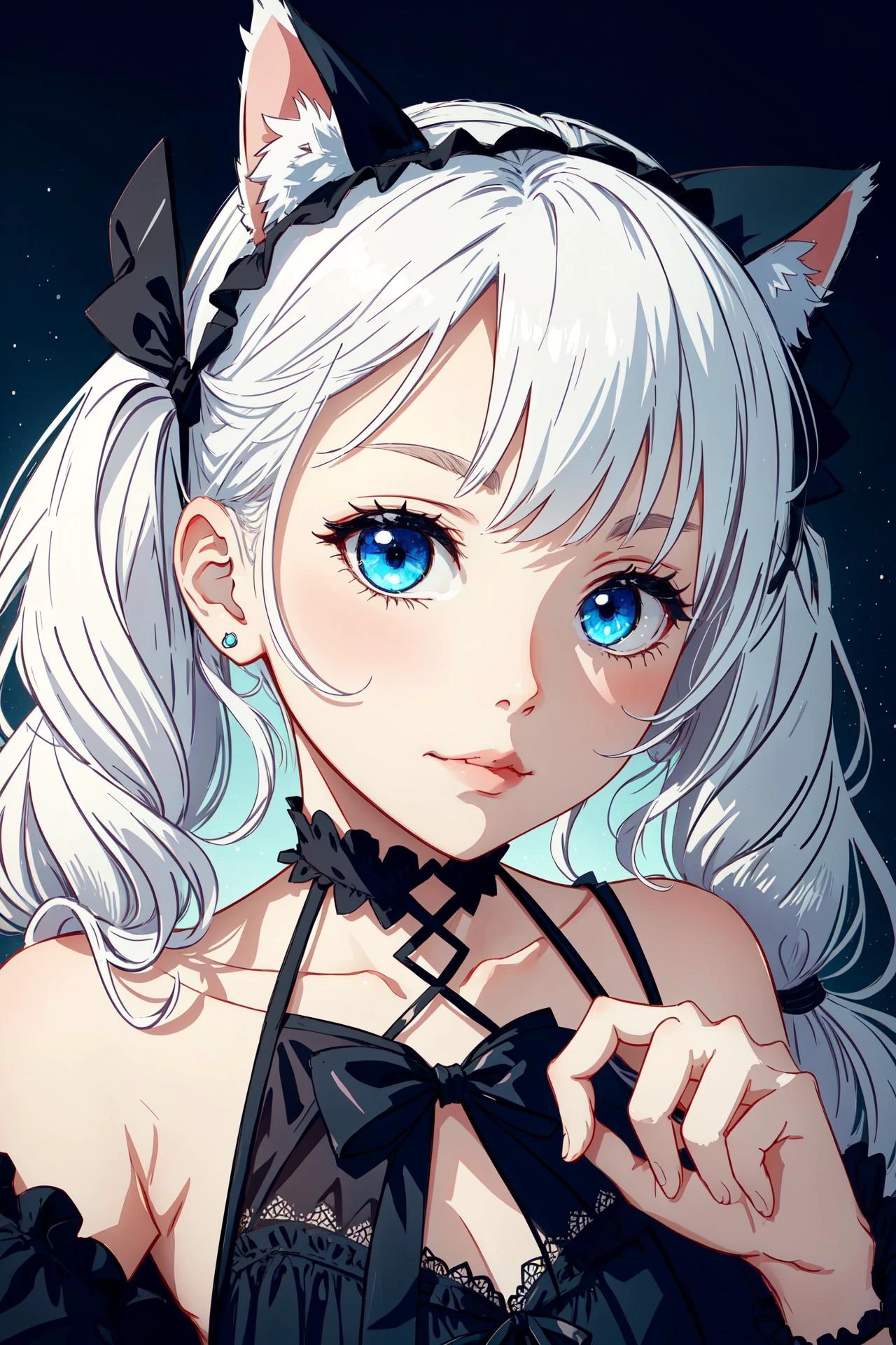 best quality, intricate details,
<lora:ShionV2D8_e6:0.8> ShionGothic, smug, twintails, animal_ear_fluff,gothic_ta,loliashion,halter dress, cat ears,cat_girl,long dress, halterneck, layered dress,frilled dress, center_frills,detached sleeves, white hair,