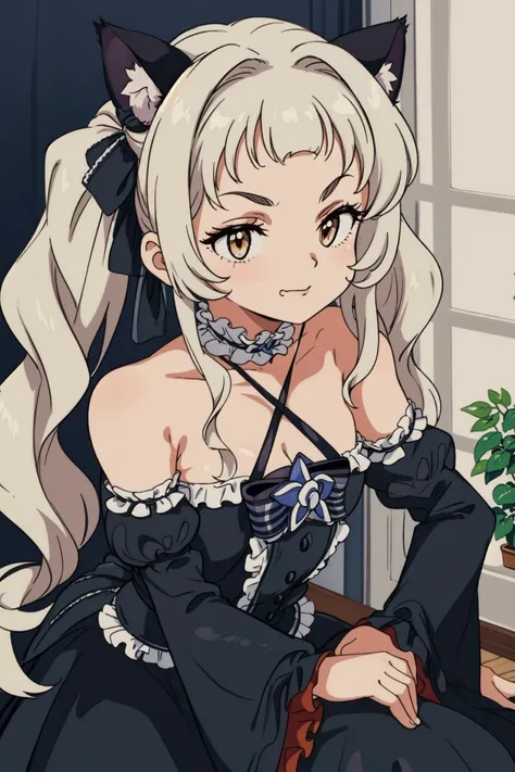 best quality, intricate details,
<lora:ShionV2D8_e6:0.8>  ShionGothic, smug, twintails, animal_ear_fluff,gothic_lolita,lolita_fashion,halter dress, cat ears,cat_girl,long dress, halterneck, layered dress,frilled dress, center_frills,detached sleeves, 
 <lora:Retro-V1:0.8>  1990s (style), 1980s (style), retro style,,