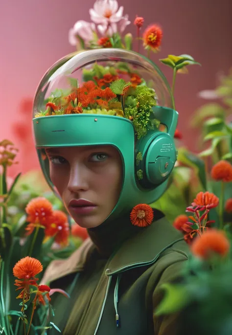 frontal editorial balenciaga model portrait with biopod hydroponic system container with plants on hear head, vibrant color background