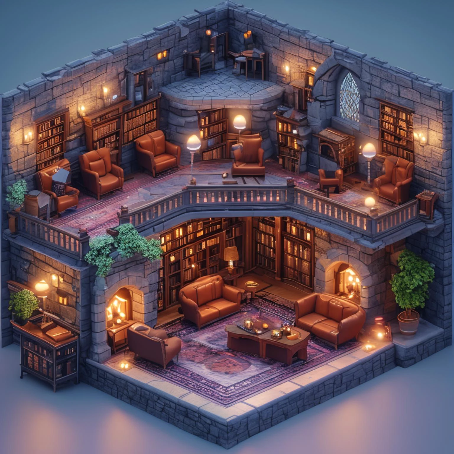 3d isometric Hogwarts house lounge common room, 2 floors, magical celestial aesthetic, sparklecore, blender 3d render, low poly, fantastic realism