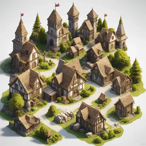 A highly detailed 3D render of an isometric medieval village isolated on a white background as an RPG game asset