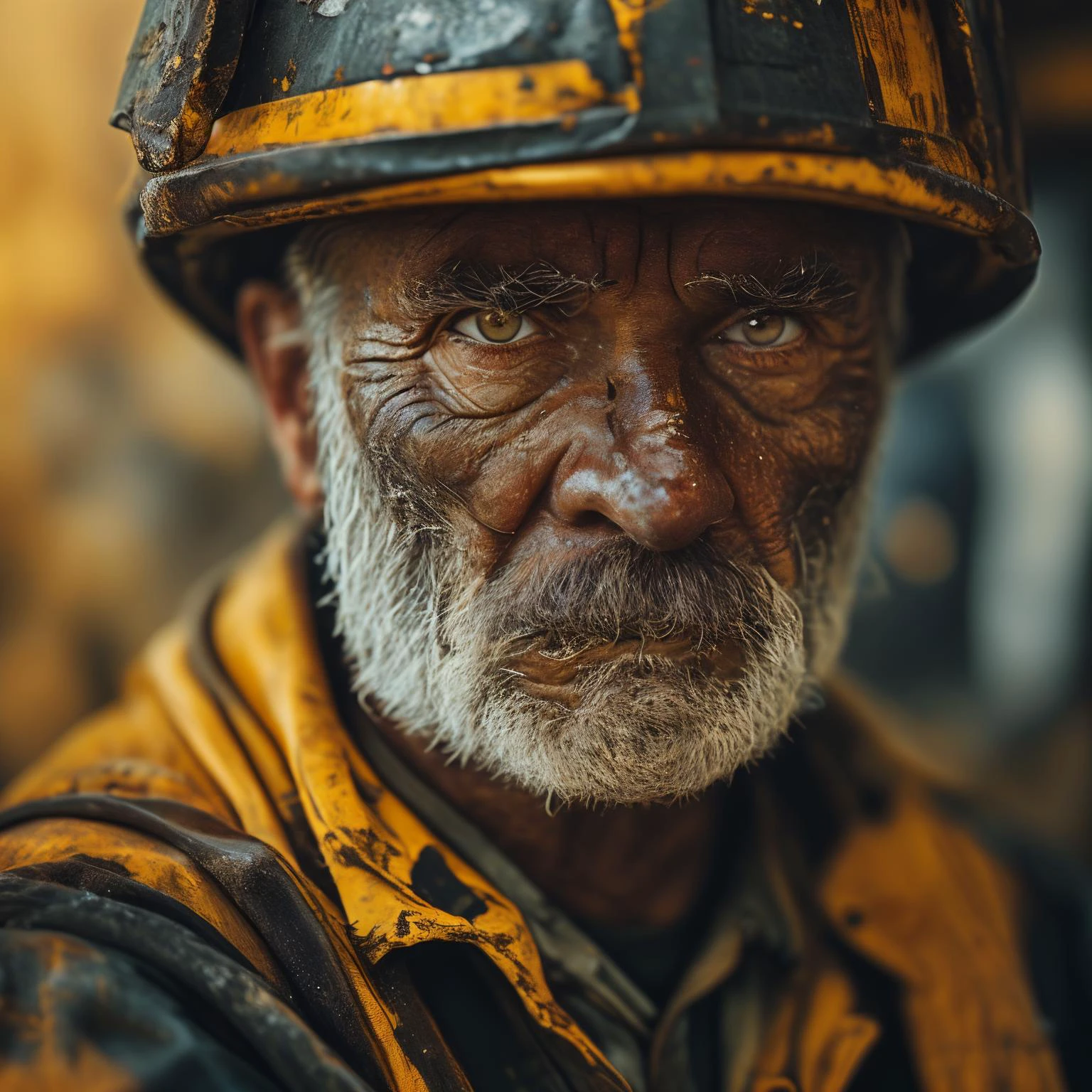An extreme closeup shot of an old coal miner, with his eyes unfocused, and face illuminated by the golden hour