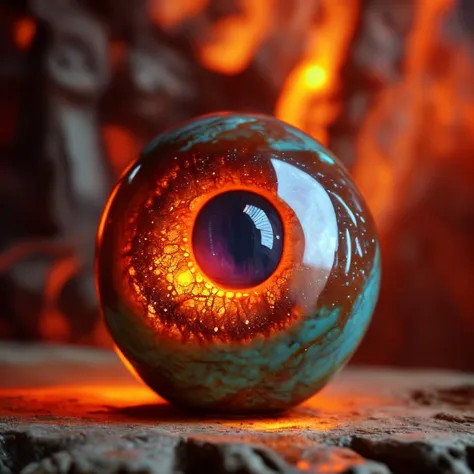 glowing magical fantasy alien eyeball stoneware made out of fire sunset opal