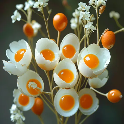 stems of eggshell-chalcedony flowers made of browned-fried-eggs with eggyolks in center, raw yolks, Milliard reaction browning on egg whites, light white and orange, light shining on it, emphasis on detail, delicate materials, translucent, food nature photos, style of rimel neffati nacho carbonell, detailed perfection, translucent, outdoor green grass background, hyperrealistic, professional photography, saturated color, inspired by cinematic claymation, UHD images, tangled nests