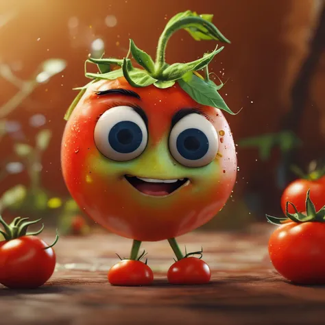 crazy looking tomato, pixar style, antropomorphic character