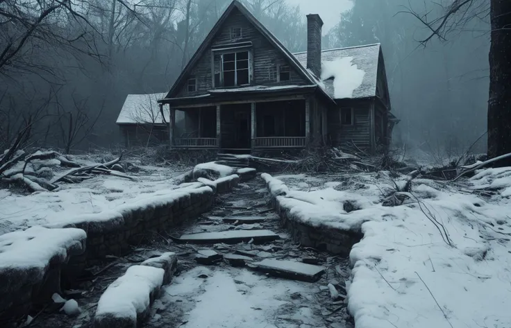 an old, weathered, and abandoned wooden house in a foggy forest. The house shows signs of decay but is still structurally intact. A faint layer of snow covers the ground and parts of the house. A stone path, bordered by low stone walls covered with snow, leads up to the dark entrance of the home. The property is surrounded by bare trees, adding to the eerie atmosphere. The fog is thick, reducing visibility and creating a sense of isolation.