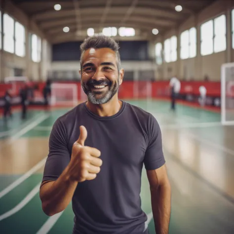 A Tunisian male in his 40s doing a thumbs up in an indoor soccer field, wearing classy sportswear