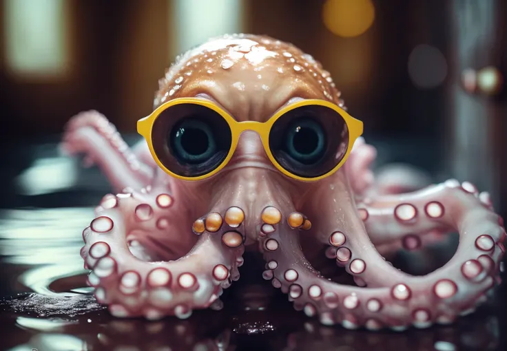 Macro photography, octopuse chilling in bathroom, sun glasses, water reflection, 4k, depth of field