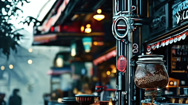 (Professional photograph:1.0) capturing the (Victorian-influenced cyberpunk ambiance:1.1) focusing on a (charming tea shop front:1.2). The intricate (steampunk-inspired details:1.1) on the storefront blend seamlessly with (futuristic elements:1.0). In (4K UHD:1.0) resolution, the image reflects (high-quality:1.0) craftsmanship. A (family enjoying tea:1.2) inside adds a touch of warmth, set against a (mysterious fog:1.1) that enhances the (futuristic yet nostalgic:1.2) feel of the scene