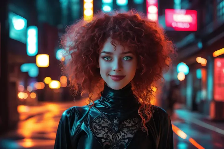 profesional night photography of 1girl , red curly waved hair, very long hair, albino white skin , yellow eyes, black gothic dress, victorian glowes , in neon light back street, smile neon lightsmasterpiece, perfect quality, detailed skin, detailed face, intricated details, realistic , 8k , wide angle camer shot, full body, detailed city with neon, cyberpunk city