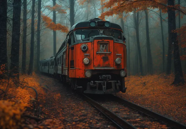 close-up of old train is foggy in autumn forest,cinematic,realistic,better clarity,high resolution,high contrast,sharpness,
