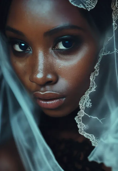 Ebony bride,film photography aesthetic,the delicate texture of lace veil gently obscuring her face,looking at viewer,eye eye contact,sapphire eyes,from above,close-up,sharp focus,horror \(theme\),dutch angle,
