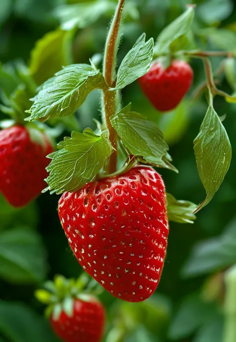 an image of a close-up view of a ripe, red strawberry with tiny seeds visible on its surface, hanging from a green stem amidst lush green leaves