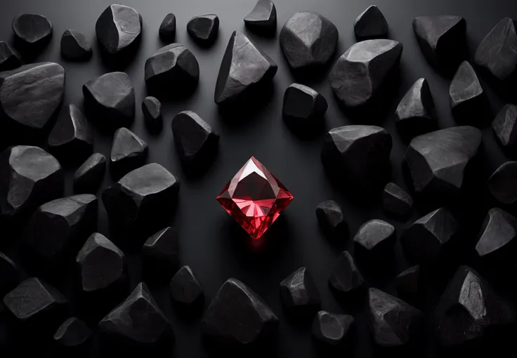one red diamond standing out from a group of black rocks, black table top, knolling, exact, precise, grid