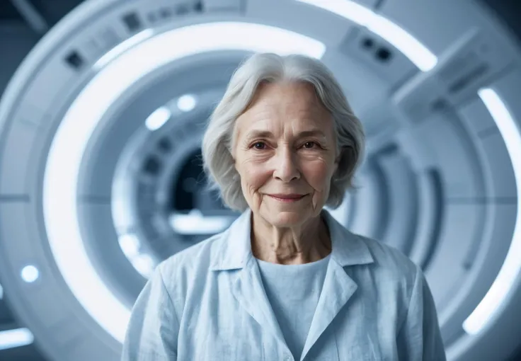 Photo An elderly woman, 70 years old, came for an MRI of the brain. Modern medical equipment. Photorealism. white balance 5500 16K