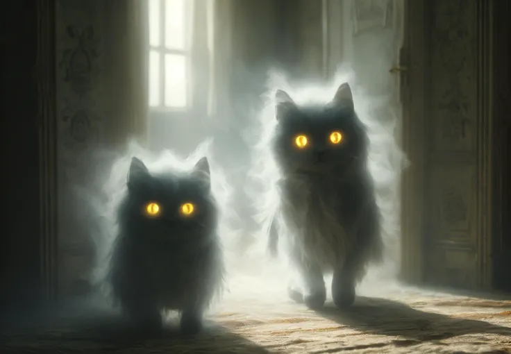 an eerie and mystical scene where shadowy, ghost-like cats with glowing eyes emerge from the mist, filling an old room illuminated by the soft light filtering through a window covered with delicate curtains.