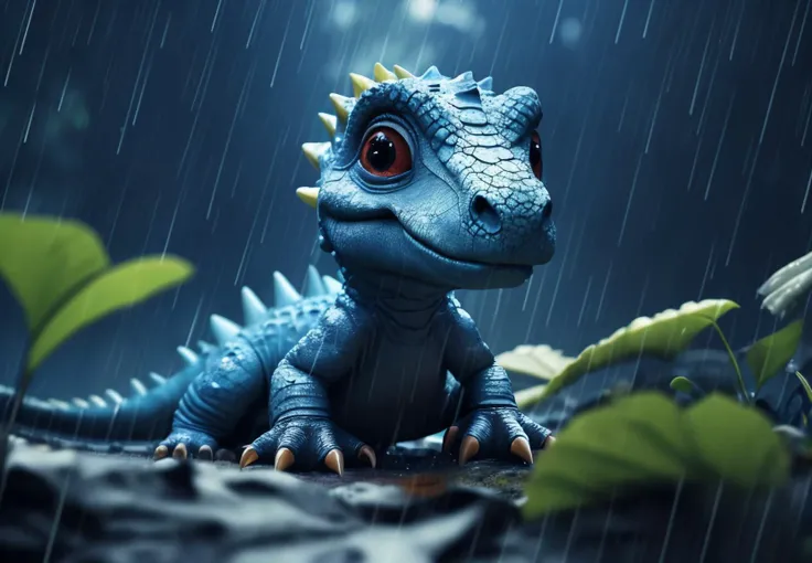 a sad small blue dinosaur in the jungle, under the rain, creative, illustrated, high quality, sad atmosphere, lo-fi