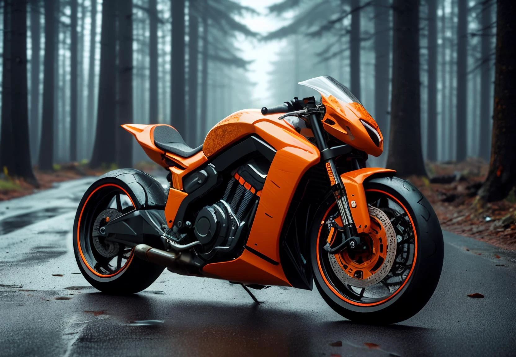 A futuristic, sleek motorcycle with a vibrant orange and black design is parked on a wet road amidst a serene and misty forest. Raindrops gently fall, accentuating the reflective surfaces of the bike and the damp road.