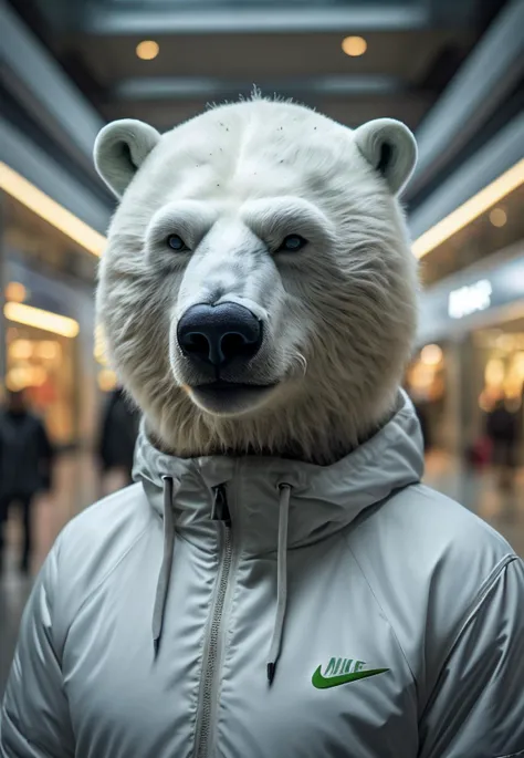 Arctic polar bear with a lot of heat, suado, in a big city setting, with many buildings, aparentando sofrimento.