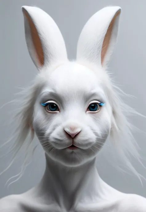 Close-up of white rabbit  albino girl with white hair and makeup facing front, symmetry, naturalistic animal portraits, schlieren photography, anne dewailly, white and white, soft-focus portraits, hyperrealistic wildlife portraits, glamourous, vogue, insanely detailed, 32k, white solid color background, close-up of eye, front view
