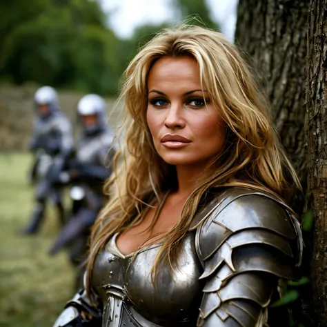 Portrait of a young Pamela Anderson by a tree, battlefield medieval troops background