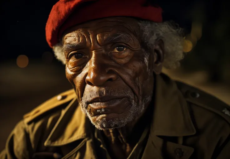 breathtaking close up portrait of 80yo Caribbean male World War II soldier at night 1945, Oblong face, sun wrinkles, masterpiece, award-winning, professional, highly detailed, Rembrandt lighting, low key lighting