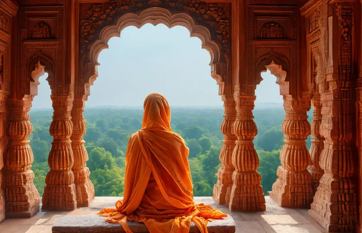 female hindu monk draped in bright orange fabric, sitting and gazing at a distant temple. The person is seated within an intricately carved stone archway; the details of the carvings are complex and artistic. The temple in the distance is grand, with multiple tiers and an elaborate design, surrounded by lush greenery. A soft glow illuminates the scene, casting gentle light on the person and highlighting the architectural details of both the archway and temple. The sky is hazy yet bright, contributing to the ethereal quality of the image.