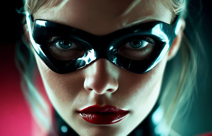 superheroine woman, full view portrait, exacting precision, superherocore, bicolor, laowa 100mm f/2.8 2x ultra macro apo, shot on 70mm, in the style of Ellen von Unwerth