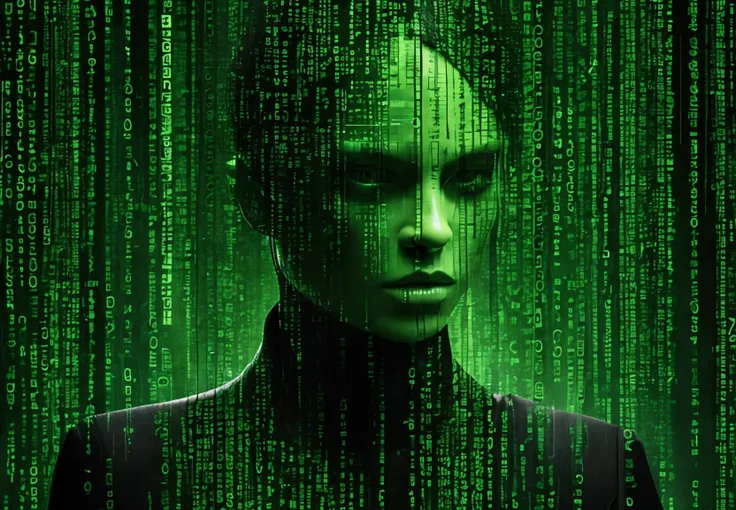 Green envy Cinematic Elegance, matrix code In the style of Russ Mills