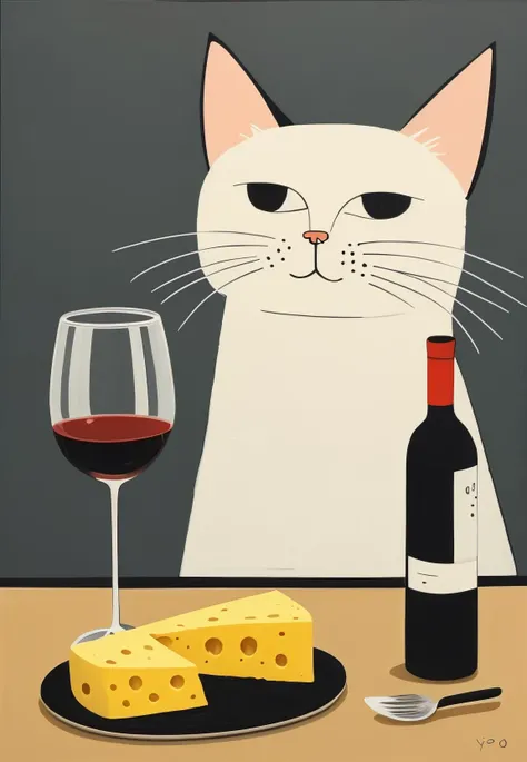 a painting showing a elegant cat drinking a glass of wine, with cheese on the table, clear thin lines, cute, detailed brushstrokes, minimal color, simple line work, Ryo Takemasa, 8k, plenty of copy space