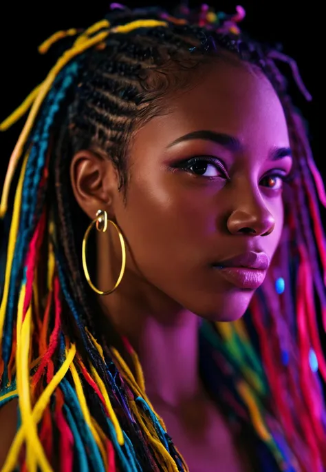 a light skin black woman, hoop earrings, colorful hair, black background, dreadlocks, shot on anamorphic lenses, promotional images, by Uwe Wittwer, multi coloured, cryptopunk, movie promotional image, photostock, rave girl, by Nils Hamm