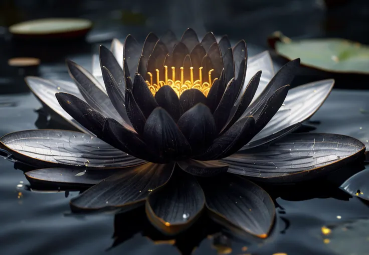 black water lily, glowing steam and energy exuding from its pores. gold sacred geometry ripples in the water, hyperrealistic