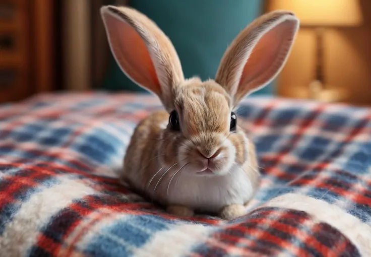 a small, cute bunny with soft white and brown fur. The bunny should have large, expressive eyes and long ears, one of which droops slightly. It should be sitting comfortably on a plaid blanket with interweaving colors. The setting should be a cozy room filled with assorted items.