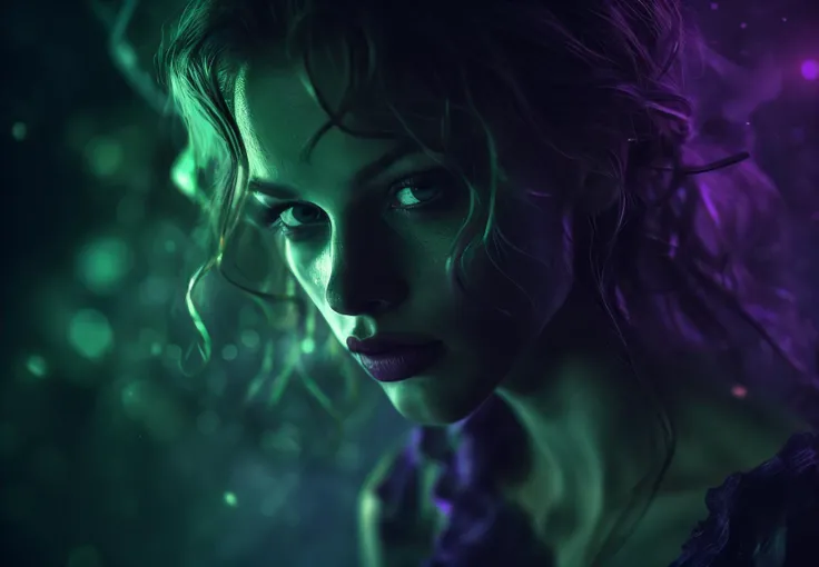 woman a mysterious and mesmerizing image of a beautiful, brooding, dynamic composition and dramatic lighting, rich textures, bokeh, mist, glowing green, glowing purple, darkcore