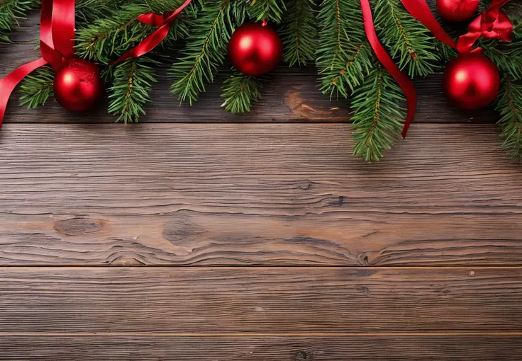 a dark wooden surface with distinct, visible wood grains. In the top right corner, there should be green pine branches adorned with red ribbons and clusters of red berries, creating a festive, holiday atmosphere.