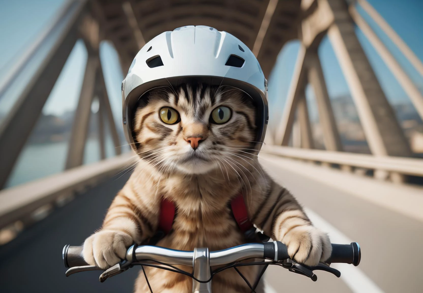 a photorealistic image of a cat wearing helmet riding a bike near bridge, depth of field