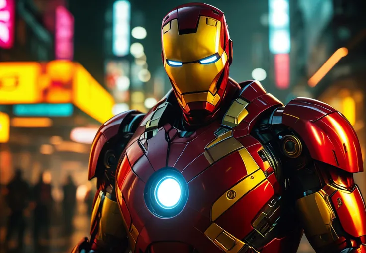 Ironman in the style of cyberpunk 2077, professional color grading, shot on Nikon D850 DSLR
