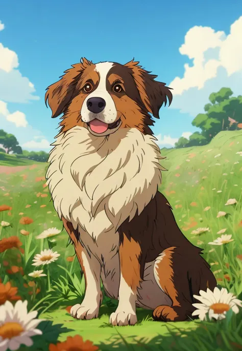 a Australian Shepherd with red brown and white hairs facing the wind, dog is sitting in the field of flowers cel-shaded animation in the style of Studio Ghibli anime, Studio Ghibli anime, Studio Ghibli anime, Studio Ghibli anime