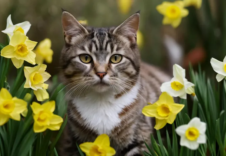 a serene and elegant cat with a mix of white and tabby fur. The cat is standing majestically amidst a blooming garden of daffodils, showcasing the harmonious coexistence of natureâs beauty.
