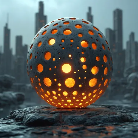 a mysterious, large, spherical object with numerous holes of varying sizes, illuminating light from within, placed on a rocky surface. The sphere emits an intense orange glow through its holes, contrasting with its dark exterior. The backdrop is an intricate cityscape with tall buildings and structures under a cloudy sky. The atmosphere is moody and mysterious due to the dim lighting and the enigmatic glowing sphere. Rain or moisture can be seen on the surface of the sphere and the ground, indicating wet weather conditions.