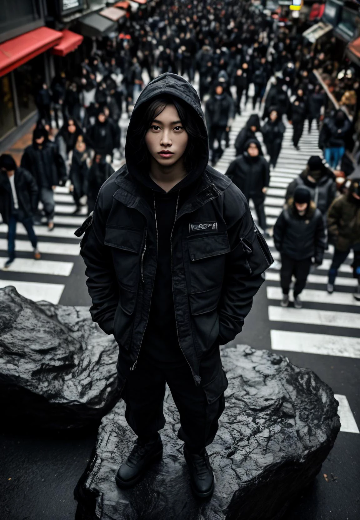 Photography, high aerial view, korean model, standing on massive rock, behind complicated crosswalk center inspired by shibuya scramble, stare into the camera, wearing techwear black washing safari jacket with black color thick hoodie, black washing cargo jogger pants, dark grey tactical boots, many crowd