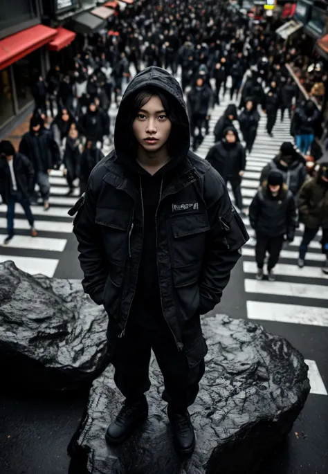 Photography, high aerial view, korean model, standing on massive rock, behind complicated crosswalk center inspired by shibuya scramble, stare into the camera, wearing techwear black washing safari jacket with black color thick hoodie, black washing cargo jogger pants, dark grey tactical boots, many crowd