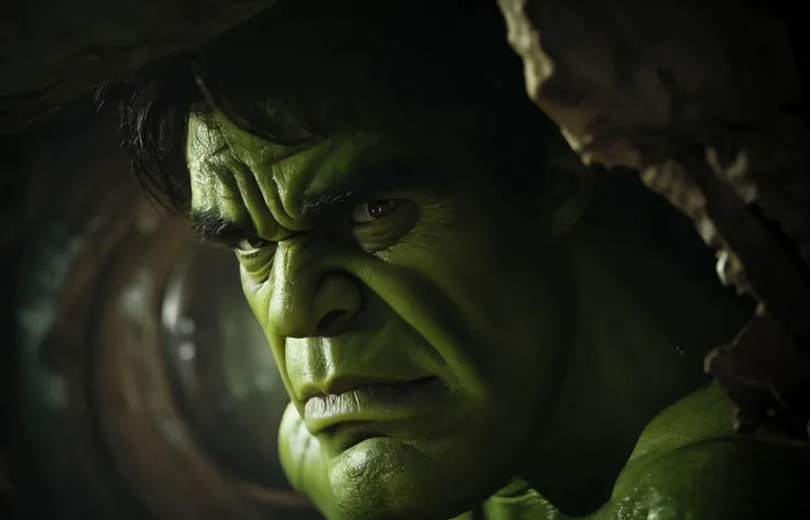 Hulk with a serious expression, looking out from behind a torn or damaged wall. He appears to be peeking through the hole in the wall, observing his surroundings. His gaze is directed towards the viewer, creating a sense of curiosity and intrigue. The scene from a movie, the damaged wall adds an element of tension or danger to the image.