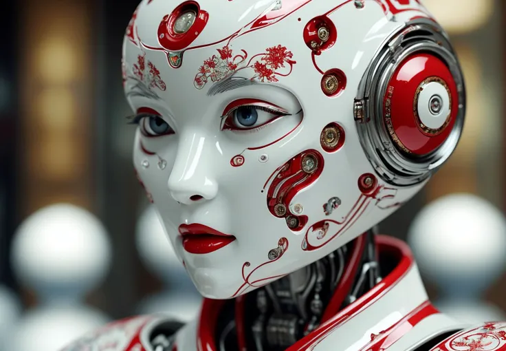 a close-up view of a robot with chinese porcelain texture, hyper realistic. The robot should have a white and red color scheme, adorned with intricate floral and other decorative patterns. Its eye should be large, round, and appear to be equipped with a camera lens, suggesting visual capabilities. The background should be blurred, focusing on the robot.